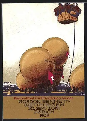 Künstler-AK Zürich, 1. Internationale Ballonwettfahrt zur Erinnerung an das Gordon Bennett Wettfliegen 1909, Ballonpost