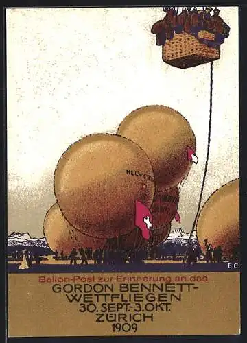Künstler-AK Zürich, 1. Int. Ballonwettfahrt zur Erinnerung an das Gordon Bennett Wettfliegen 1909, Ballonpost Stempel