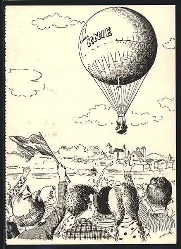 Künstler-AK Mollis, Anwohner winken einem Ballon des Circus Knie zu, Stempel Ballonpost