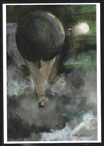 Künstler-AK Nachtfahrt im Freiballon, Stempel Ballonpost 1959