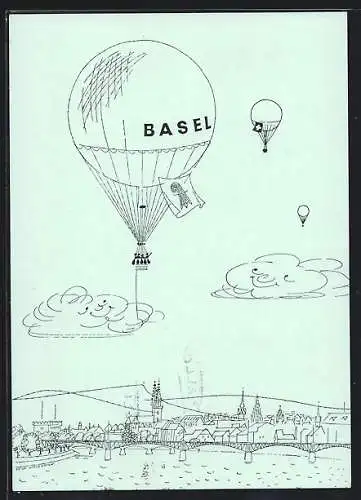 Künstler-AK Basel, Ballonaufsteig zur Mustermesse 1955, Stempel Ballonpost