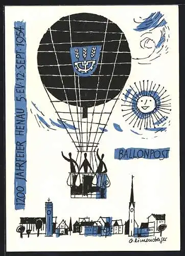 Künstler-AK Henau, 1200 Jahrfeier 1954, Ballonfahrer bringen die Post, Stempel Ballonpost