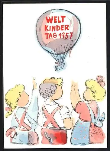 AK Ballon mit Aufschrift Welt-Kindertag 1957, Stempel Ballonpost 1957