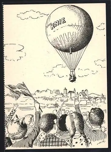 Künstler-AK Mollis, Anwohner winken einem Ballon des Circus Knie zu, Stempel Ballonpost