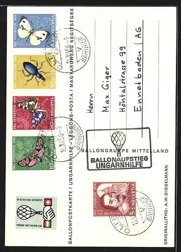 Künstler-AK Ballonpostkarte Ungarnhilfe, Stempel Ballonpost 1956