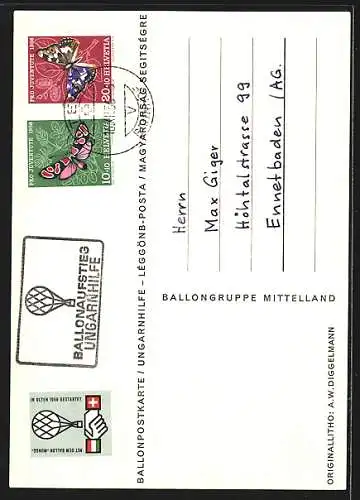 Künstler-AK Ballonpostkarte Ungarnhilfe, Stempel Ballonpost 1956