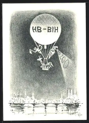 Künstler-AK Zürich, Seenachtfest 1954, Ballonaufstieg HB-BIH, Stempel Ballonpost 1954