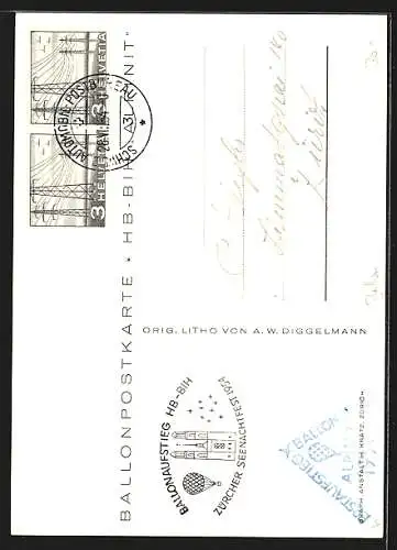 Künstler-AK Zürich, Seenachtfest 1954, Ballonaufstieg HB-BIH, Stempel Ballonpost 1954