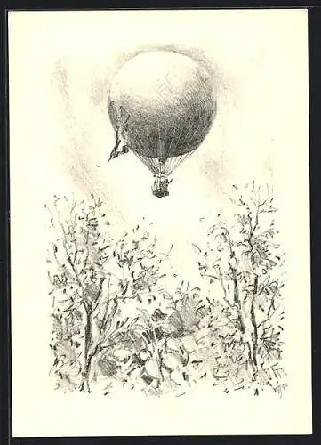 Künstler-AK Zürich, Stempel Ballonpost, Ballonaufstieg 1952