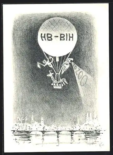 Künstler-AK Zürich, Seenachtfest 1954, Ballonaufstieg HB-BIH, Stempel Ballonpost 1954