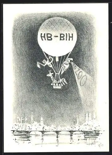 Künstler-AK Zürich, Seenachtfest 1954, Ballonaufstieg HB-BIH, Stempel Ballonpost 1954