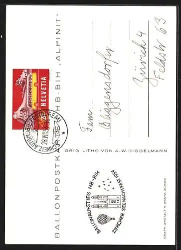 Künstler-AK Zürich, Seenachtfest 1954, Ballonaufstieg HB-BIH, Stempel Ballonpost 1954