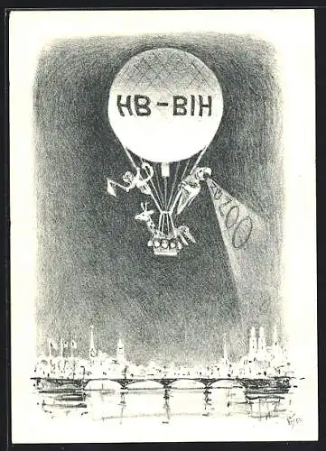 Künstler-AK Zürich, Seenachtfest 1954, Ballonaufstieg HB-BIH, Stempel Ballonpost 1954