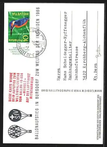 Künstler-AK Burgdorf, Ballon-Post zum Welttag der Invaliden 1966, Stempel Ballonpost 1966