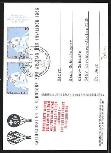 Künstler-AK Burgdorf, Ballon-Post zum Welttag der Invaliden 1966, Stempel Ballonpost 1966