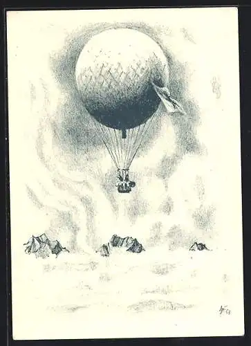 Künstler-AK Ballonpostkarte Ungarnhilfe, Stempel Ballonpost 1956