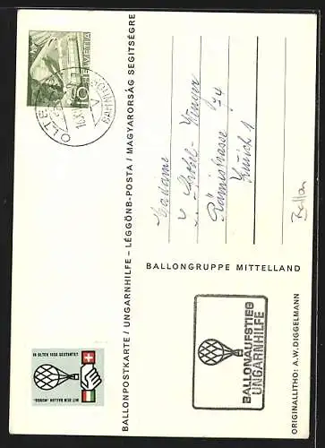 Künstler-AK Ballonpostkarte Ungarnhilfe, Stempel Ballonpost 1956
