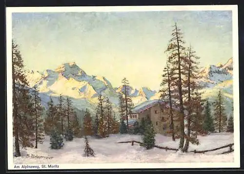 Künstler-AK St. Moritz, Am Alpinaweg im Schnee