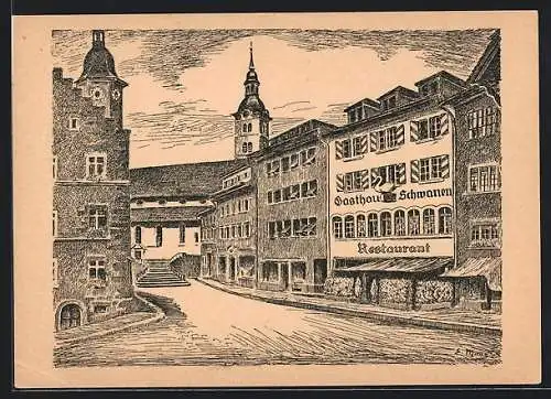 Künstler-AK Sursee, Strassenpartie mit Hotel Schwanen