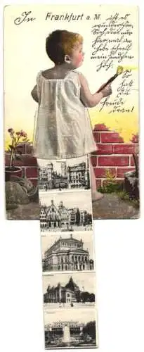 Leporello-AK Frankfurt a. M., Ansichten hinterm Kleidchen, Römer, Hauptbahnhof, Festhalle