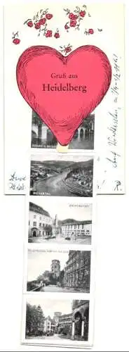 Leporello-AK Heidelberg, Ansichten hinterm Herz, Universität, Schloss, Neckarbrücke