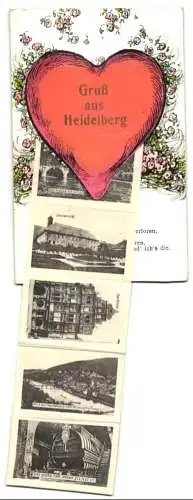 Leporello-AK Heidelberg, Ansichten hinterm Herz, Schloss, Brücke, Der Ritter