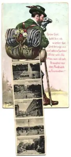 Leporello-AK Stuttgart, Ansichten im Wanderrucksack, Königsbau, Bahnhof, Jubiläumssäule