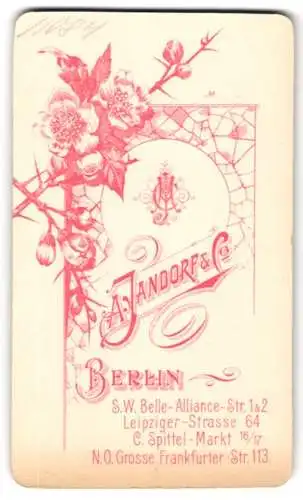 Fotografie A. Jandorf & Co., Berlin, Monogramm des Fotografen im Passepartout mit Blumen, Anschrift des Atelier