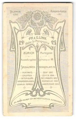 Fotografie Ph. & E. Link, Zürich, Marktgasse, Anschrift des Ateliers im Jugendstilrahmen, Sonnenblumen