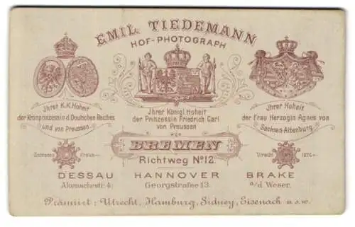 Fotografie Emil Tiedemann, Bremen, Richtweg 2, Wappen kronprinzessin Preussen, Herzogin Agnes v. Sachsen-Altenburg