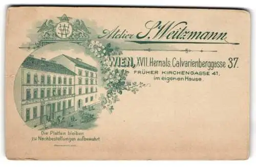 Fotografie S. Weitzmann, Wien, Calvarienberggasse 37, Ansicht Wien, Fasade des Fotoateliers, Monogramm des Fotografen