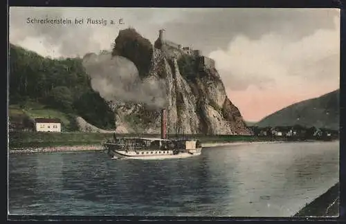 AK Aussig a. E., Burg Schreckenstein mit Dampfer