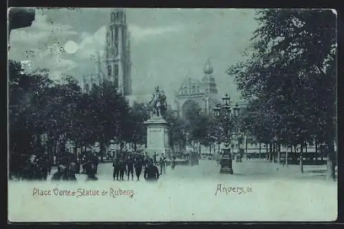 Mondschein-AK Anvers, Place Verte et Statue de Rubens