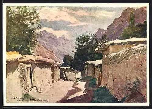 Künstler-AK Tachkent, Village musulman dans les montagnes