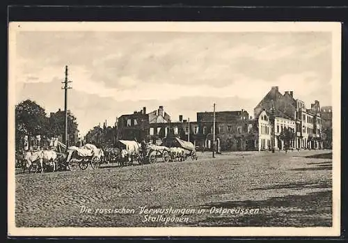 AK Stallupönen, Zerstörte Gebäude und Strasse mit Pferdewagen