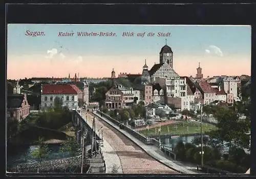 AK Sagan, Kaiser-Wilhelm-Brücke und Blick auf die Stadt