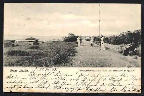 AK Gross-Möllen, Dünenpromenade mit Mast für drahtlose Telegrafie