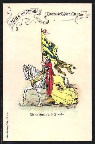 Künstler-AK Bruges, Fêtes de Bruges 1907-Tournoi de l`Arbre d`Or, Porte étendard de Flandre