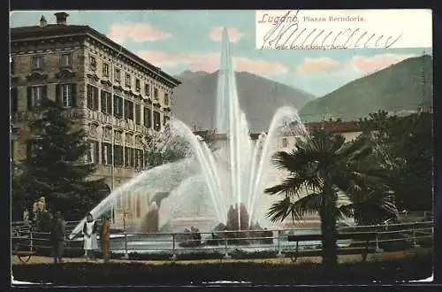 AK Lugano, Piazza Berndoria mit Springbrunnen