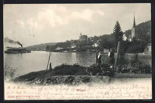 AK Weggis, Uferpartie mit Kirche und Fährdampfer