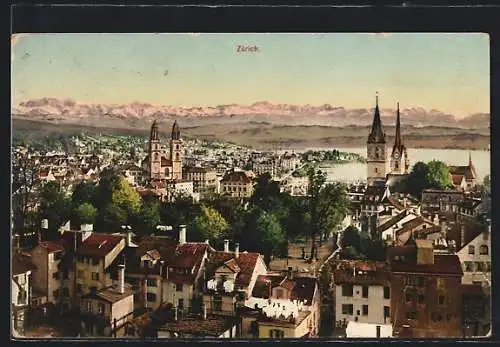 AK Zürich, Totale mit Kirchen aus der Vogelschau