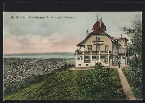 AK St. Gallen, Gasthaus auf dem Freudenberg mit Bodensee