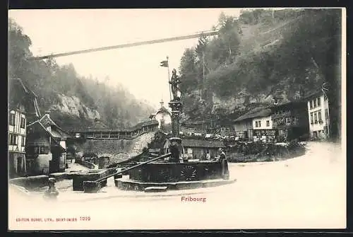 AK Fribourg, Brunnen mit Umgebung