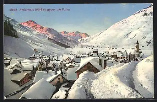 AK Andermatt, Ortspanorama mit Furka im Winter