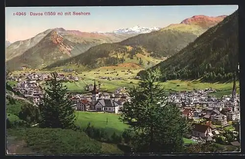 AK Davos, Teilansicht mit Kirche und Seehorn
