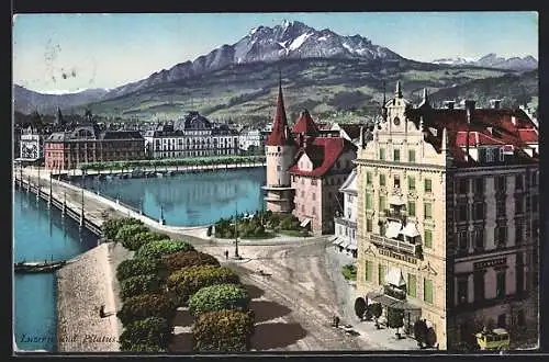 AK Luzern, Gesamtansicht mit Hotel zum Schwanen und Pilatus im Hintergrund