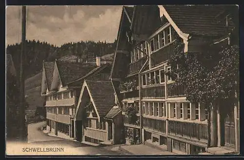 AK Schwellbrunn, Strassenpartie mit Holzhaus