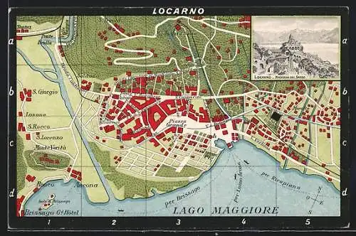 Künstler-AK Locarno, Madonna del Sasso, Stadtplan mit S. Giorgio, Losone und Iscona