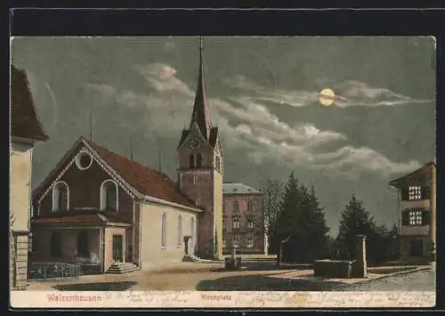 AK Walzenhausen, Kirchplatz mit Kirche bei Mondschein
