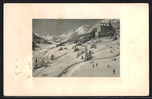Künstler-AK Zuoz, Kurhaus Castell mit Skifahrern im Schnee